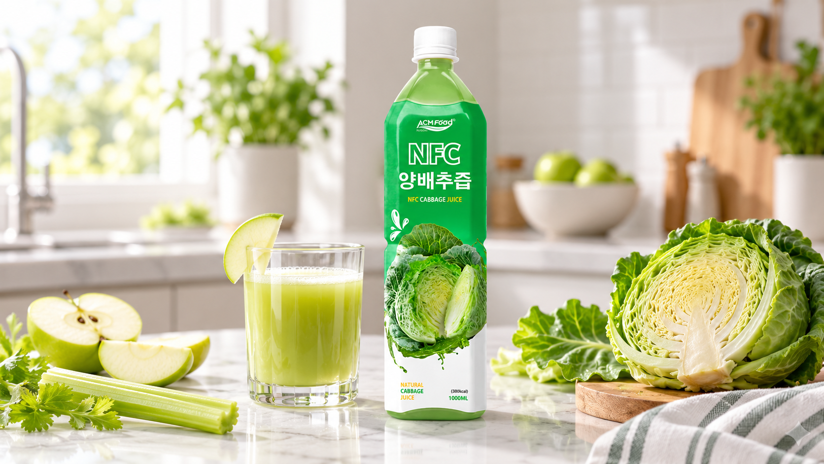 A small glass of pale green cabbage juice with apple slices and a celery stick on a bright kitchen counter, diffused daylight, clean modern styling