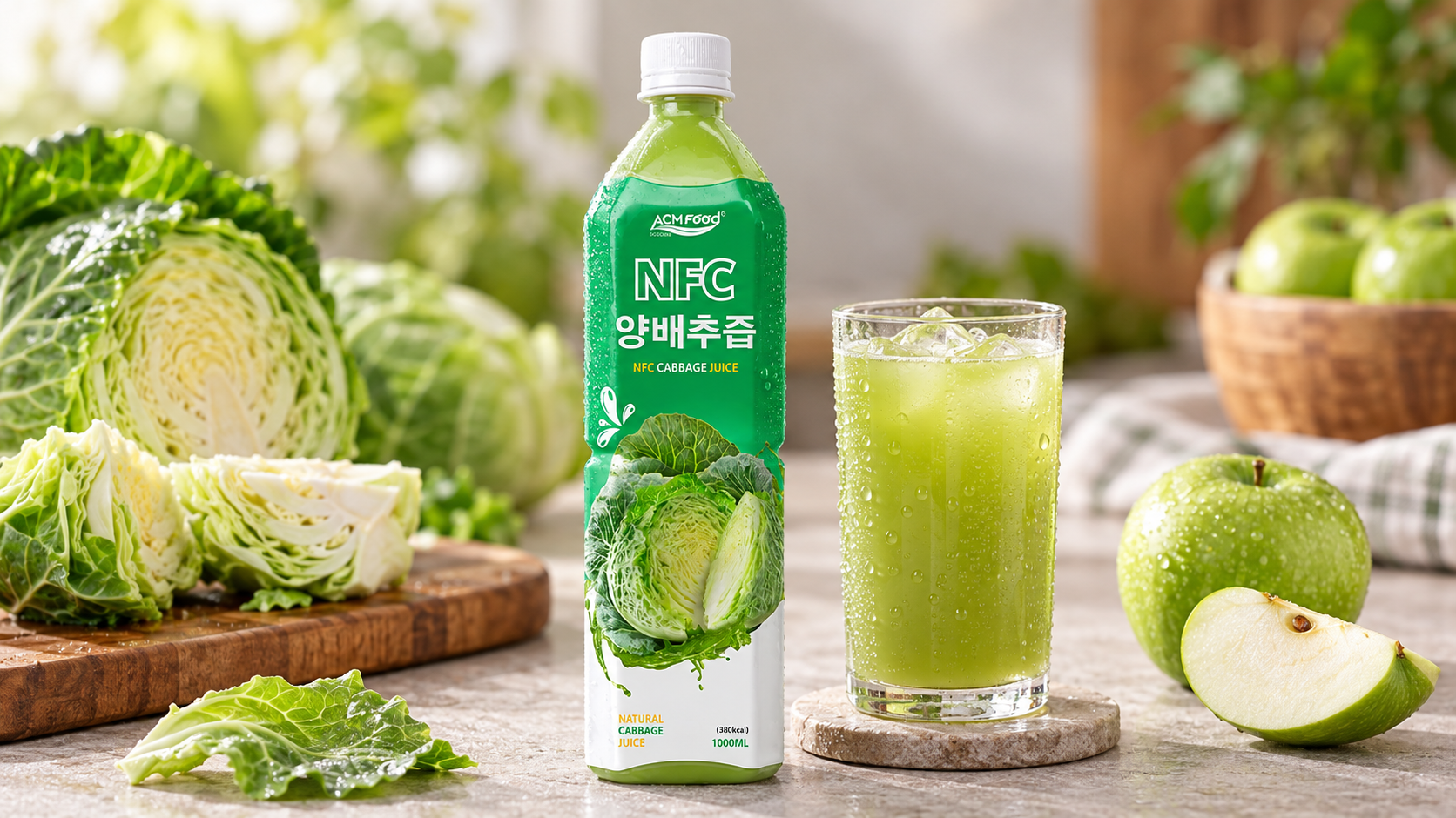 Close-up of a clear glass bottle and a glass of cabbage and apple juice with condensation on a neutral surface, shallow depth of field