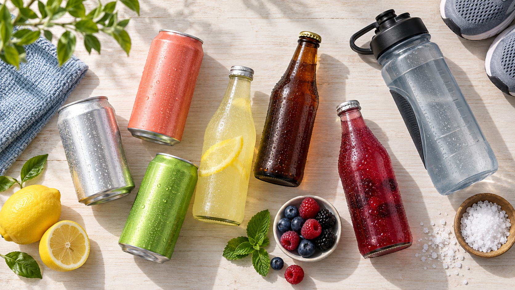 Overhead flat lay of assorted unbranded beverage cans and bottles arranged on a pale wooden surface beside a runner's water bottle and a small dish of sea salt, soft natural daylight, clean commercial product photography, landscape composition, no readable text