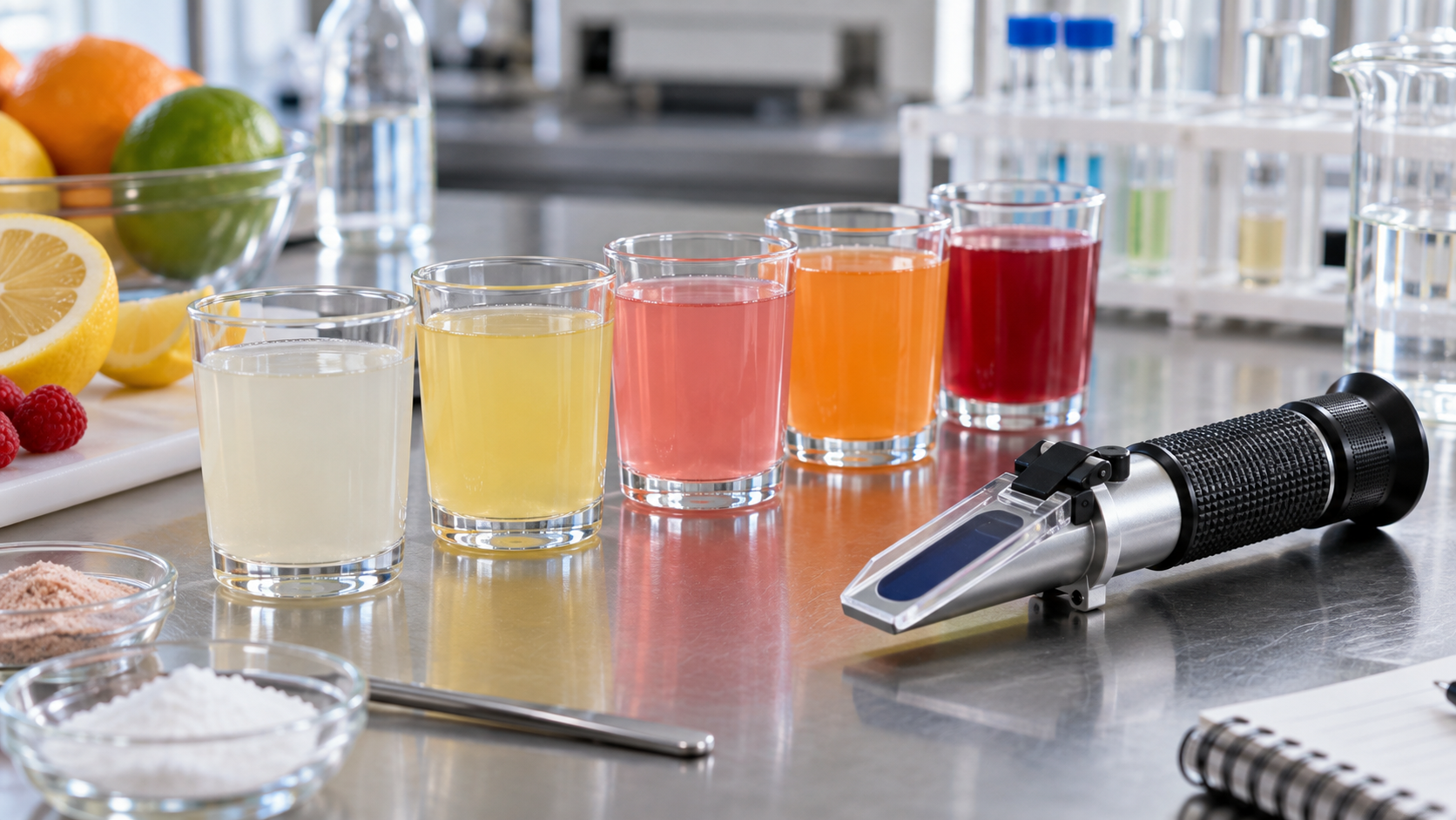 Close-up of a beverage formulation trial with several small glasses of hydration drink samples and a refractometer on a laboratory bench, bright even lighting, realistic commercial documentation photography, landscape composition