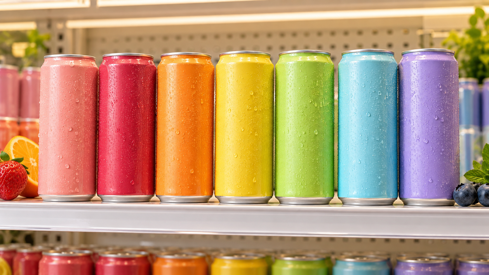 A row of finished unbranded hydration beverage cans standing on a bright retail shelf mock-up, seen at eye level, warm even lighting, realistic commercial retail photography, landscape composition, no legible labels