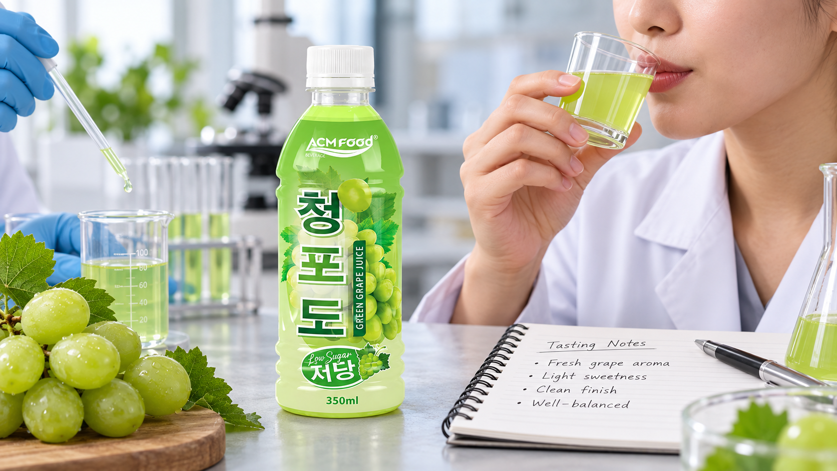Close-up of a beverage formulation trial being tasted from a small glass, a lab technician's hand holding a pipette beside tasting notes, bright even lighting, realistic commercial documentation photography, landscape composition