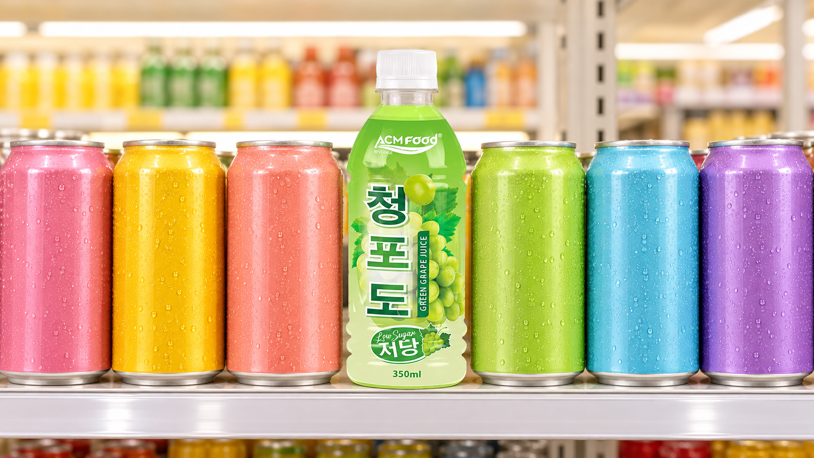 A row of finished unbranded low sugar beverage cans standing on a bright retail shelf mock-up, seen at eye level, warm even lighting, realistic commercial retail photography, landscape composition, no legible labels