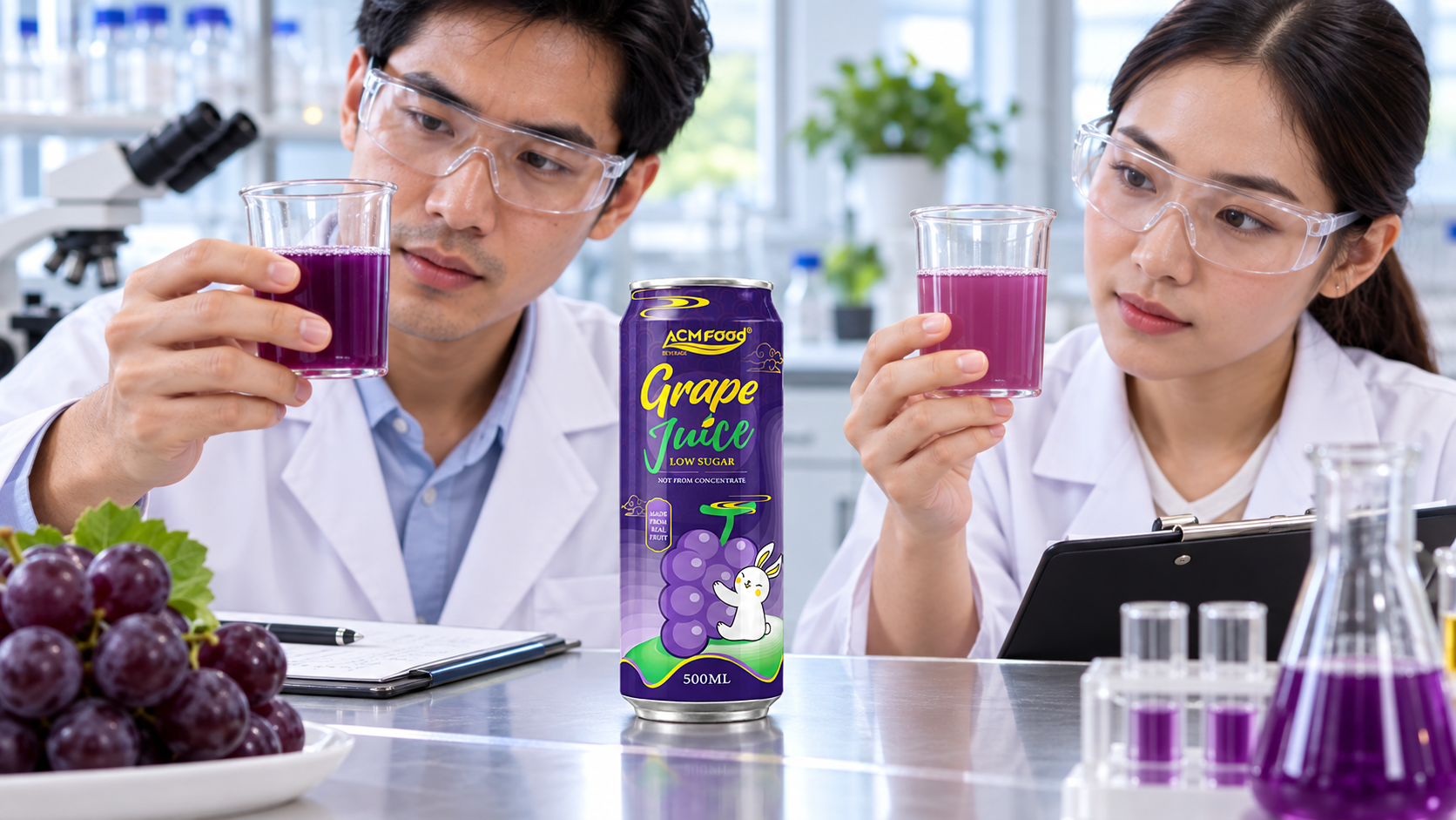 Close-up of a formulation team comparing two beverage samples side by side on a laboratory bench, bright even lighting, realistic commercial documentation photography, landscape composition