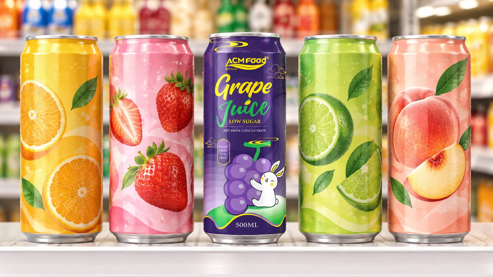 A row of finished unbranded beverage cans standing on a bright retail shelf mock-up, seen at eye level, warm even lighting, realistic commercial retail photography, landscape composition, no legible labels