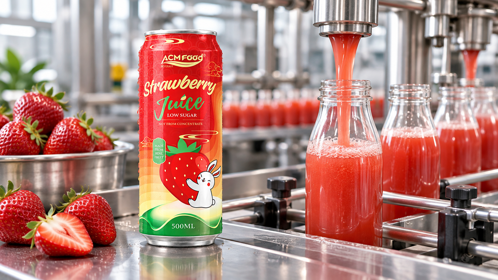 Close-up of freshly pressed fruit juice being poured into glass bottles on a stainless steel production line, bright even lighting, realistic commercial documentation photography, landscape composition