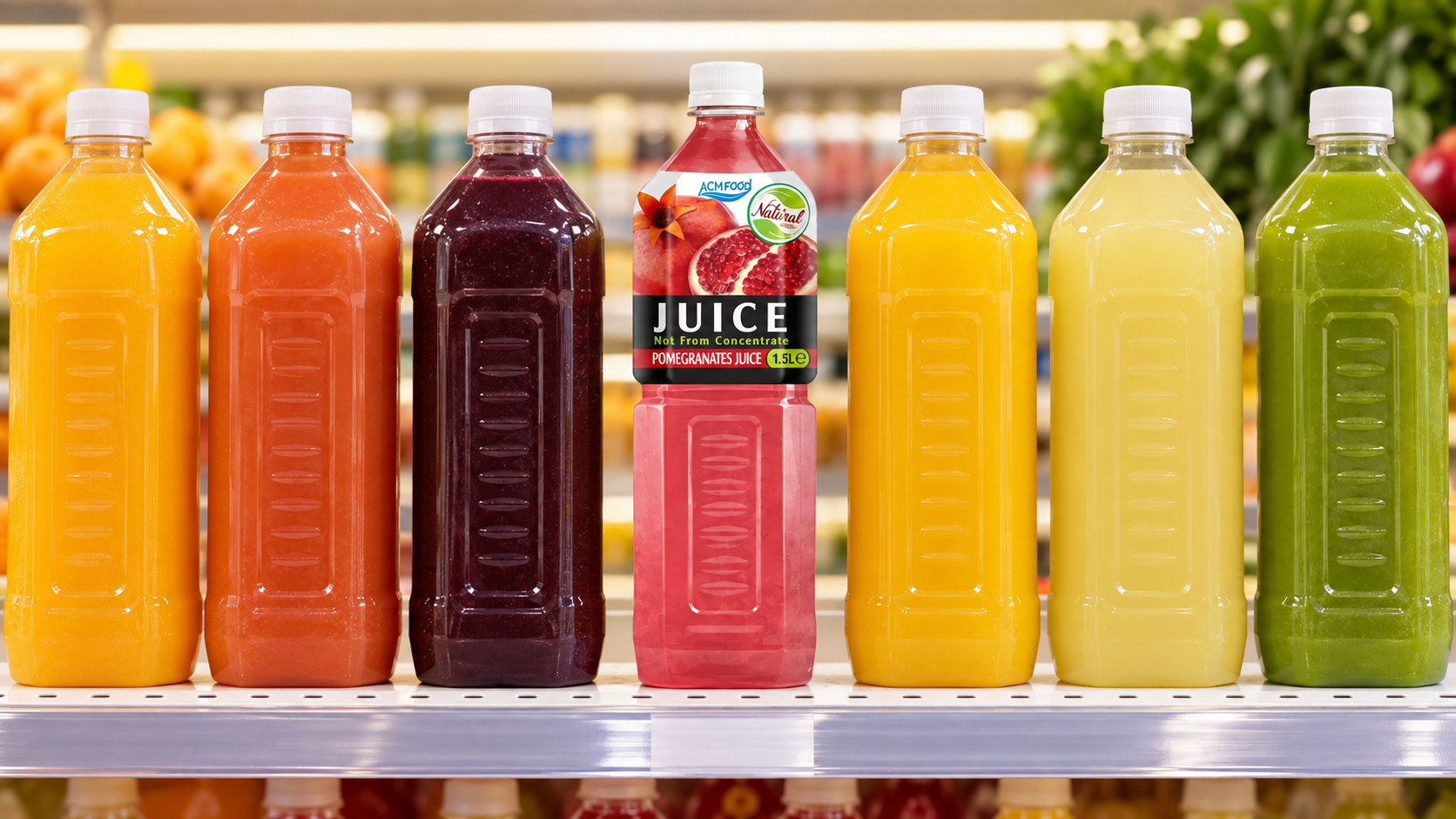 A row of finished unbranded NFC juice bottles standing on a bright retail shelf mock-up, seen at eye level, warm even lighting, realistic commercial retail photography, landscape composition, no legible labels