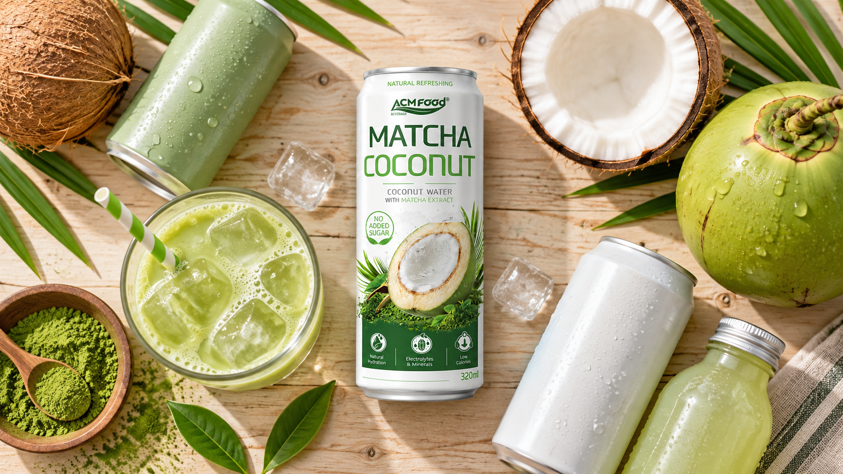 Overhead flat lay of assorted unbranded beverage cans and bottles arranged on a pale wooden surface beside whole fresh fruit, soft natural daylight, clean commercial product photography, landscape composition, no readable text