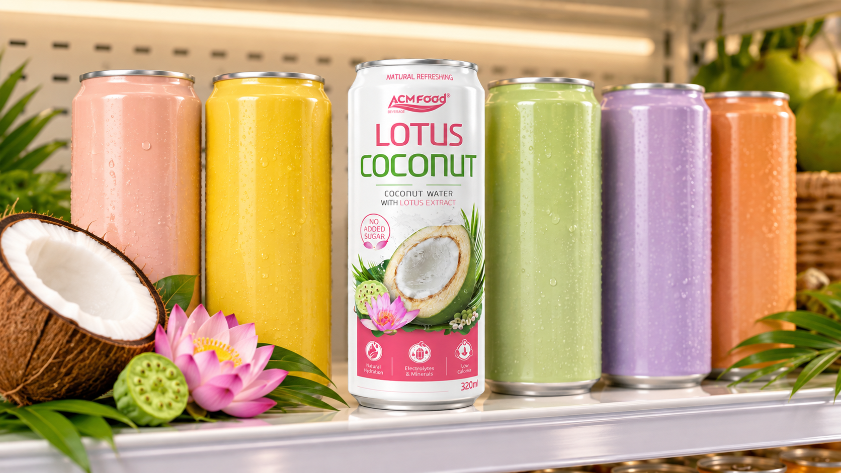 A row of finished unbranded beverage cans standing on a bright retail shelf mock-up beside a small arrangement of fresh fruit, warm even lighting, realistic commercial retail photography, landscape composition, no legible labels