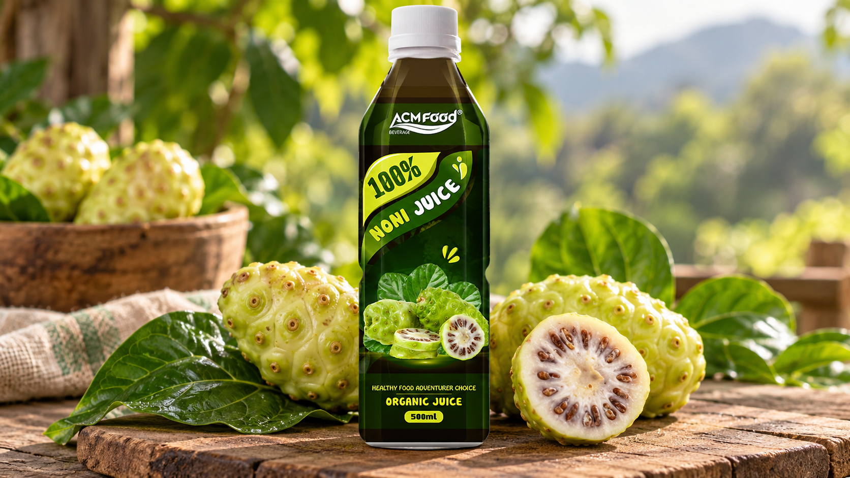 Whole ripe noni fruits with a bumpy pale yellow-green skin beside a halved fruit on a rustic wooden board, soft natural daylight, realistic commercial food photography, 16:9 landscape, no text