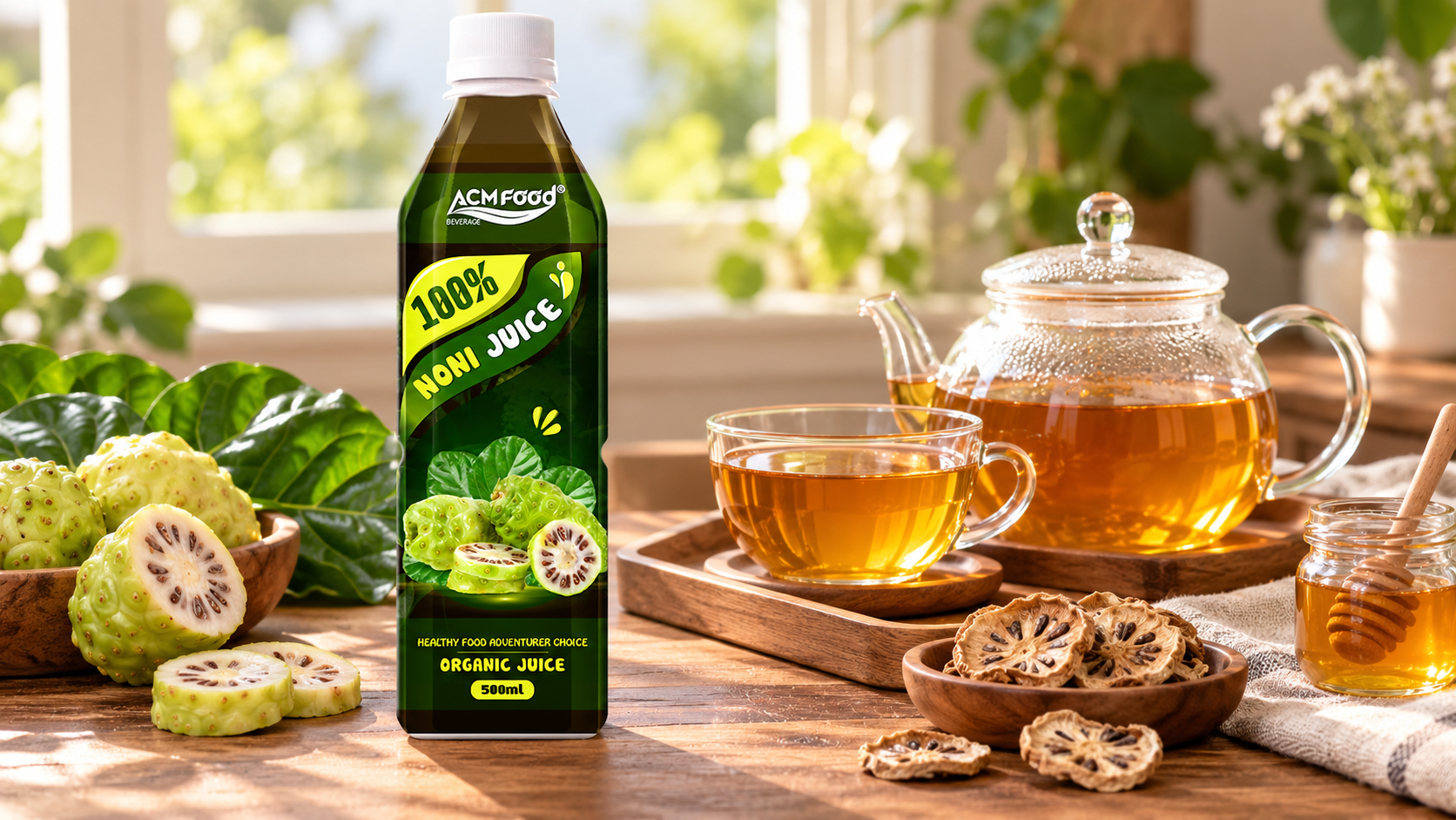 A clear glass teapot and cup of amber herbal infusion on a wooden tray beside dried fruit slices and a small jar of honey, soft morning window light, clean styling, realistic commercial beverage photography, 16:9 landscape, no text, no logos