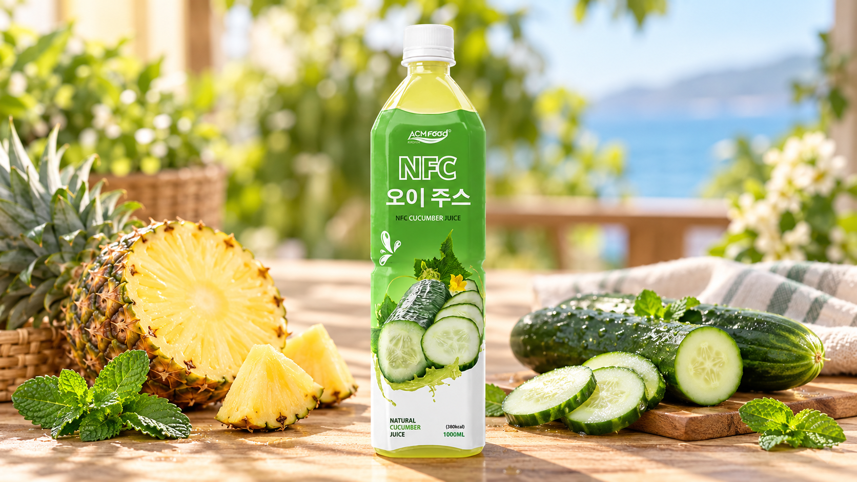 A halved pineapple and fresh cucumbers on a bright table with a few mint leaves, warm natural light, landscape commercial food photography