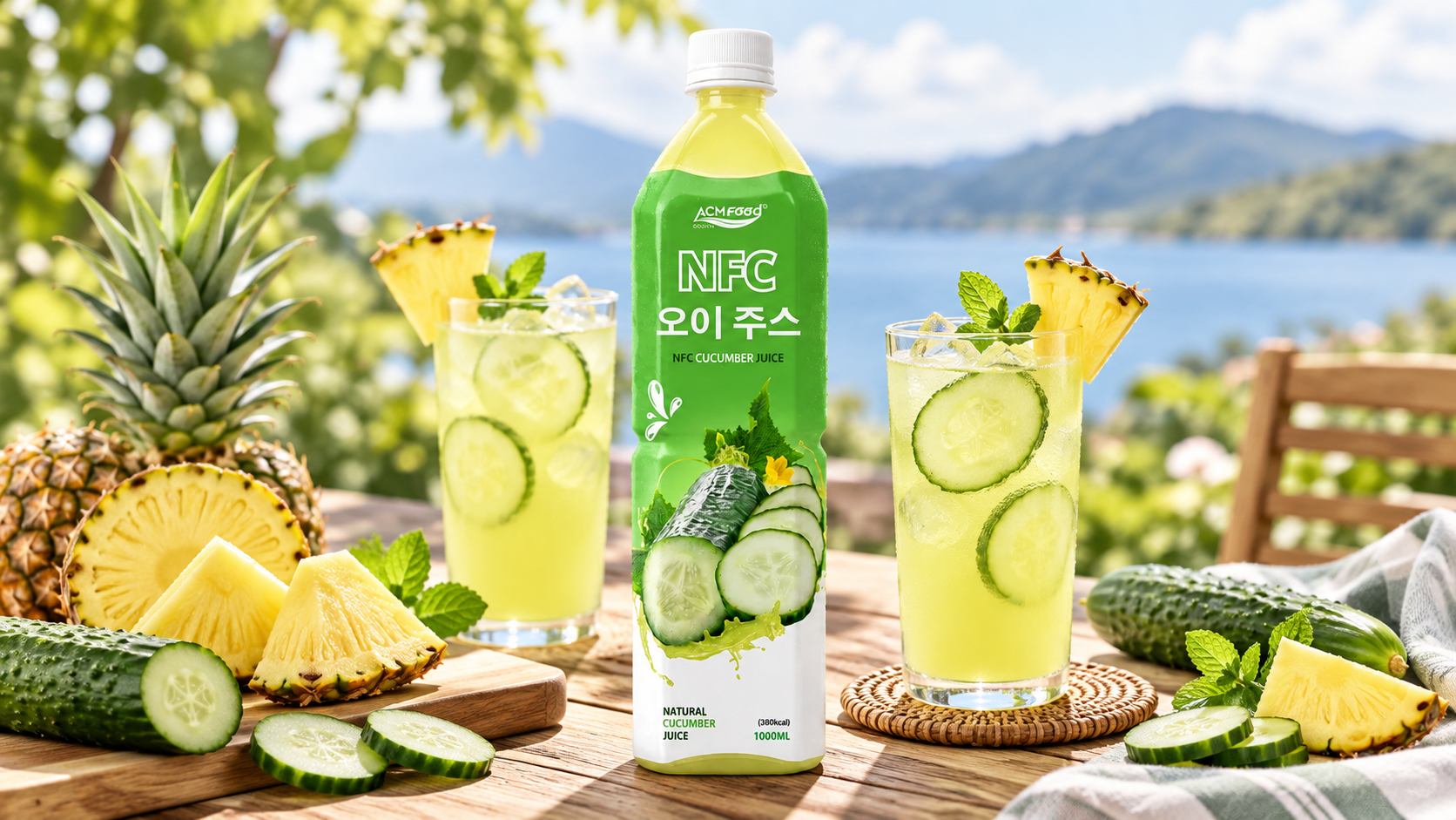 Tall glasses of pale yellow-green juice with pineapple wedges and cucumber slices on a sunny outdoor table, diffused daylight, clean modern styling