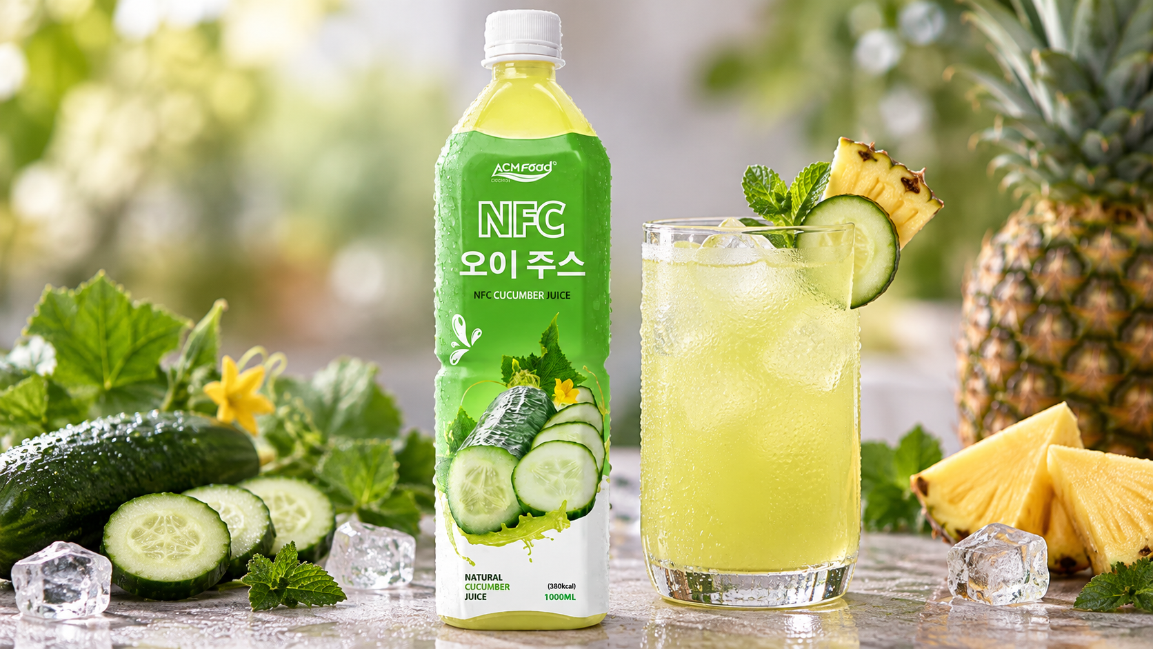 Close-up of a chilled aluminium can and a glass of pale yellow-green pineapple cucumber juice with condensation on a neutral surface, shallow depth of field