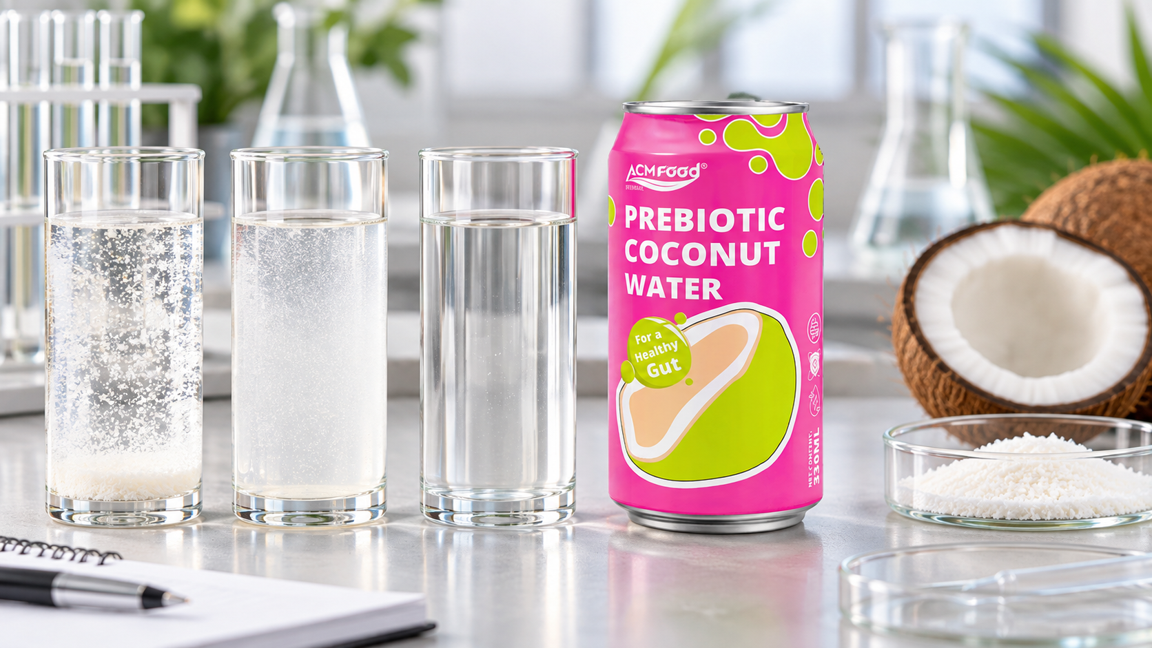 Close-up of a formulation trial with clear beverage samples in glass cylinders showing different fiber solubility results, bright even lighting, realistic commercial documentation photography, landscape composition