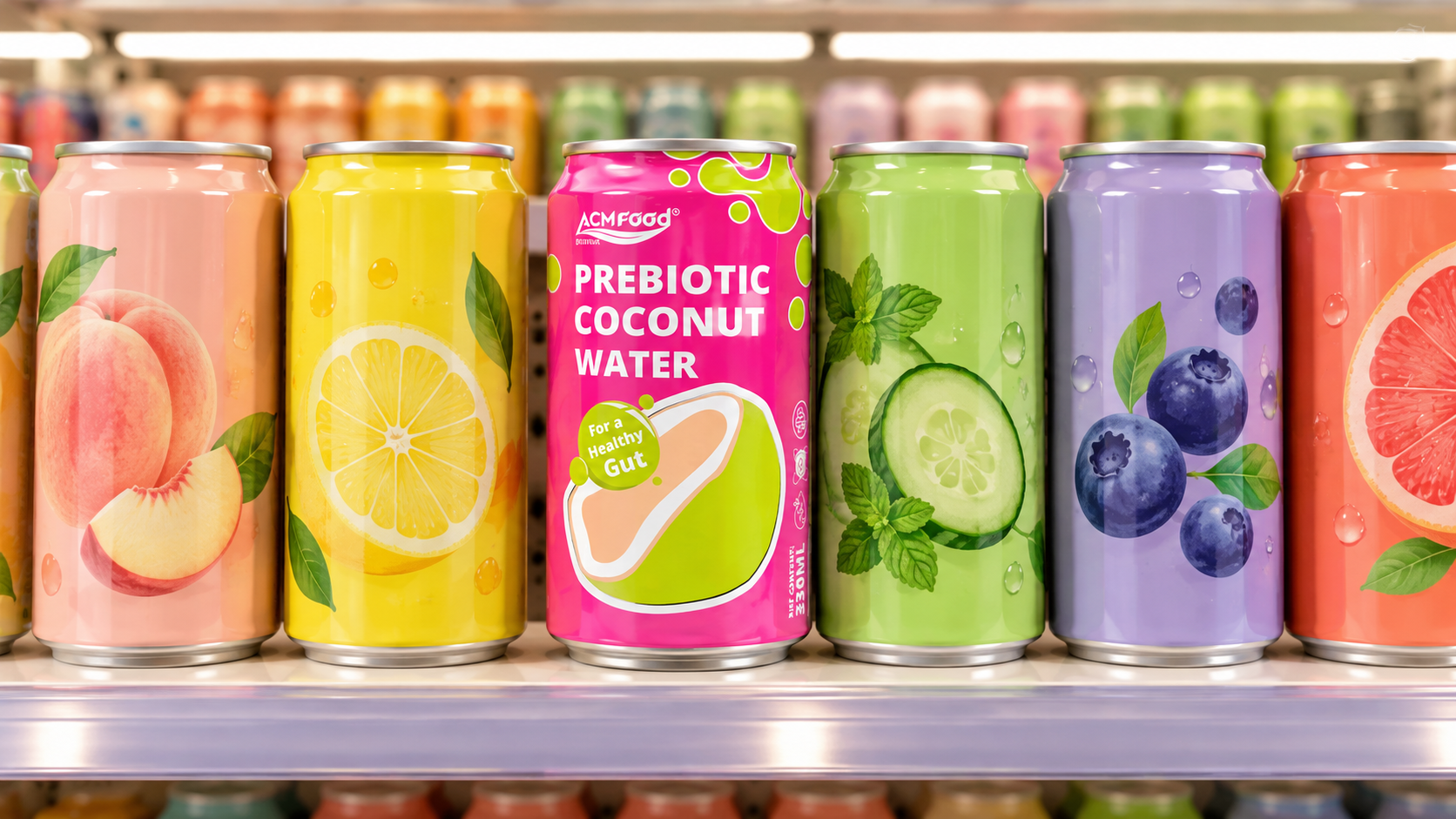 A row of finished unbranded prebiotic beverage cans standing on a bright retail shelf mock-up, seen at eye level, warm even lighting, realistic commercial retail photography, landscape composition, no legible labels