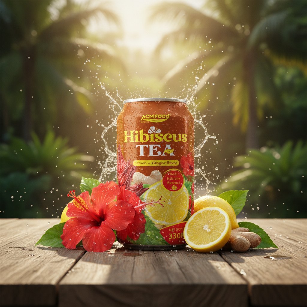 A professional product shot of a 330ml aluminum can of Premium Real Lemon And Gi