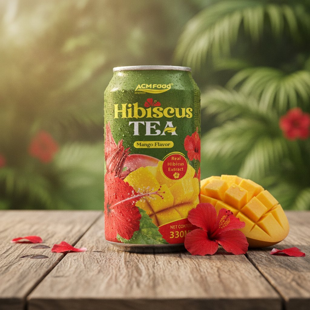 A professional product scene featuring the Premium Real Mango Flavored Hibiscus