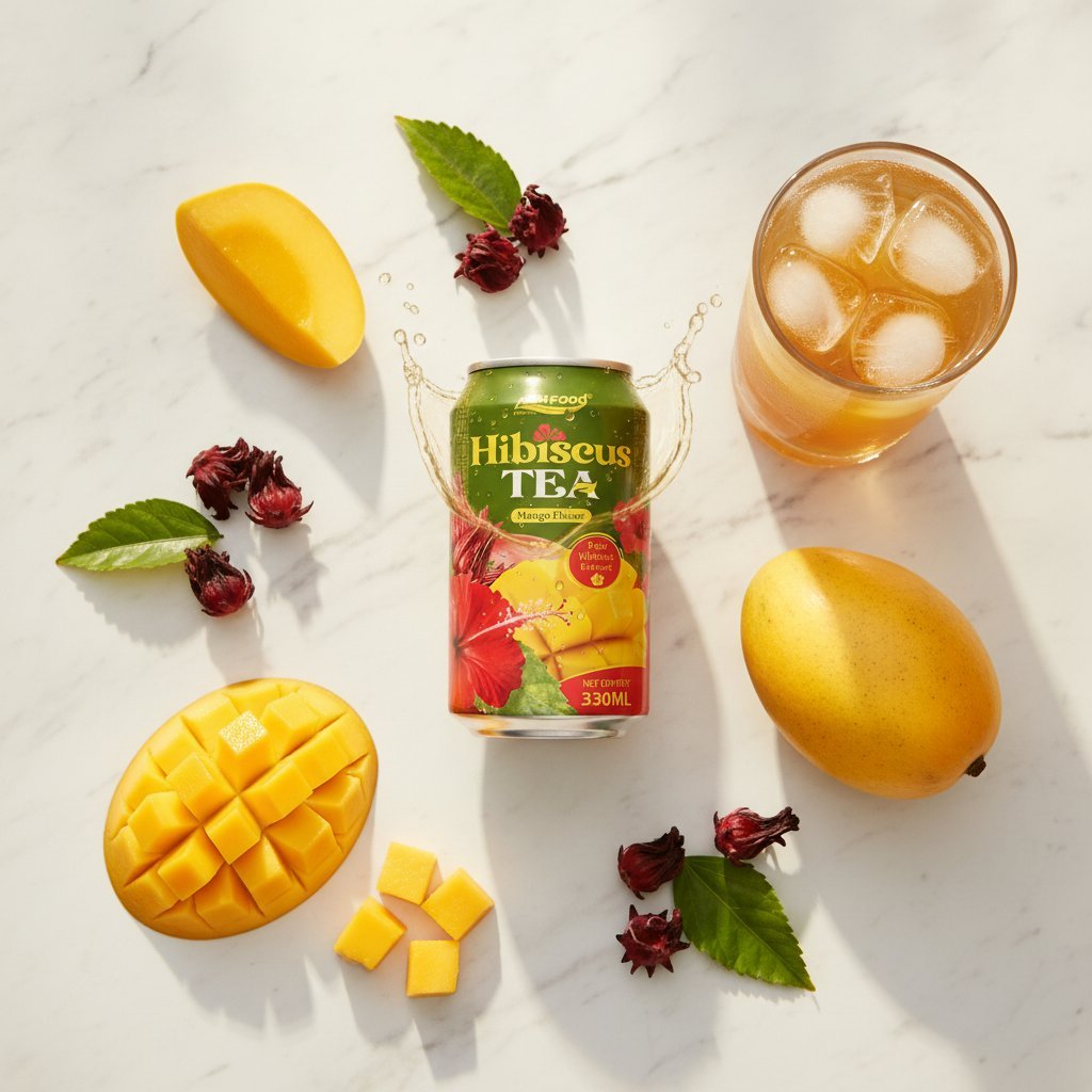 A bird's-eye view flat lay of the Premium Real Mango Flavored Hibiscus Tea Drink