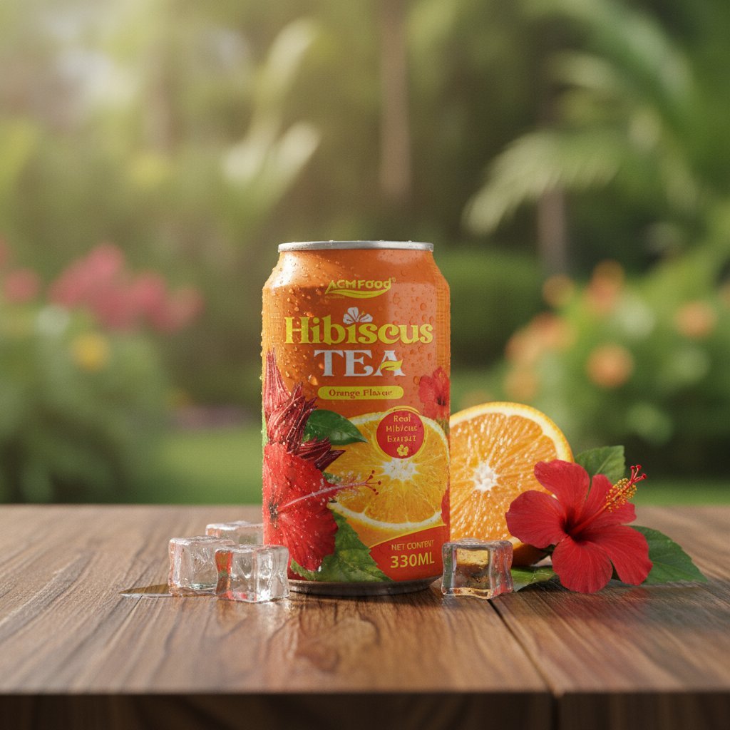 A professional product shot of Premium Real Orange Flavored Hibiscus Tea Drink 3