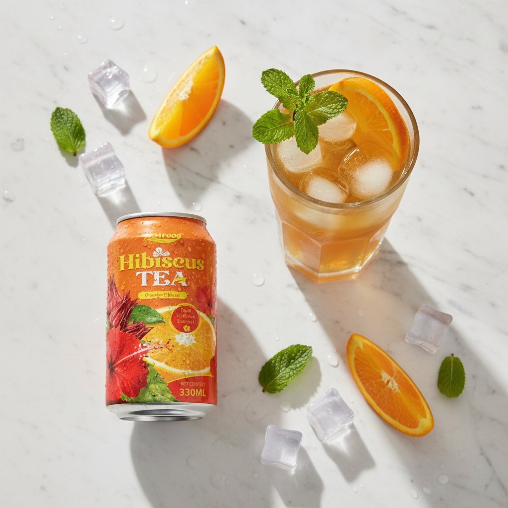 A top-down flat lay of Premium Real Orange Flavored Hibiscus Tea Drink 330ml can