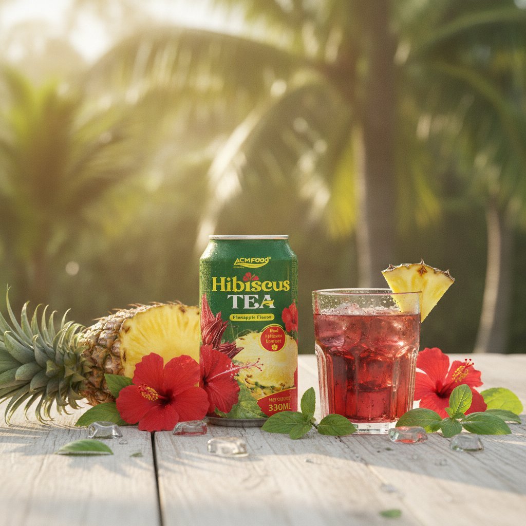 A professional product shot of a Premium Real Pineapple Flavored Hibiscus Tea Dr