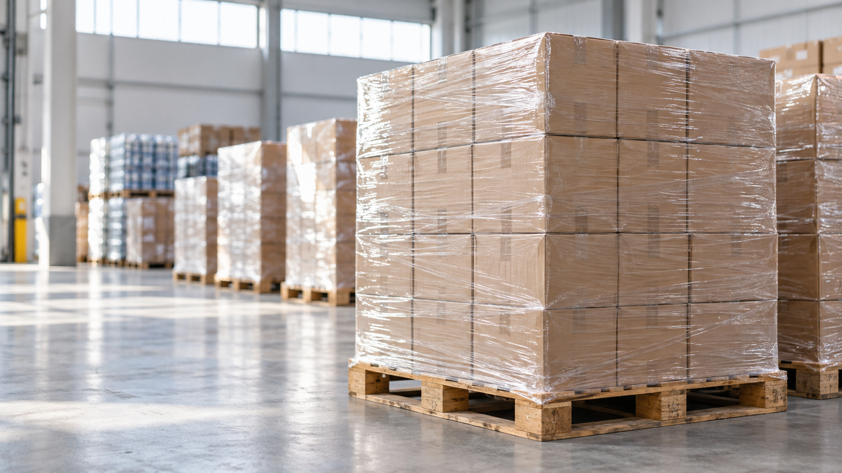 Stacked cartons shrink-wrapped on a wooden pallet in a clean bright warehouse, more pallets receding out of focus behind, natural light from high windows, realistic commercial logistics photography, landscape composition, no visible branding