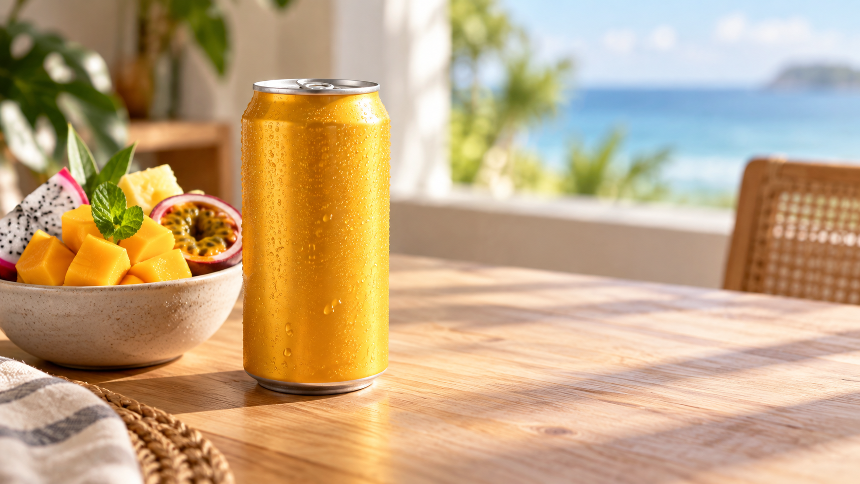 A single unbranded beverage can standing on a light wooden table beside a small bowl of fresh tropical fruit, warm side lighting from a window, shallow depth of field, generous negative space to the right, realistic commercial lifestyle photography, landscape composition