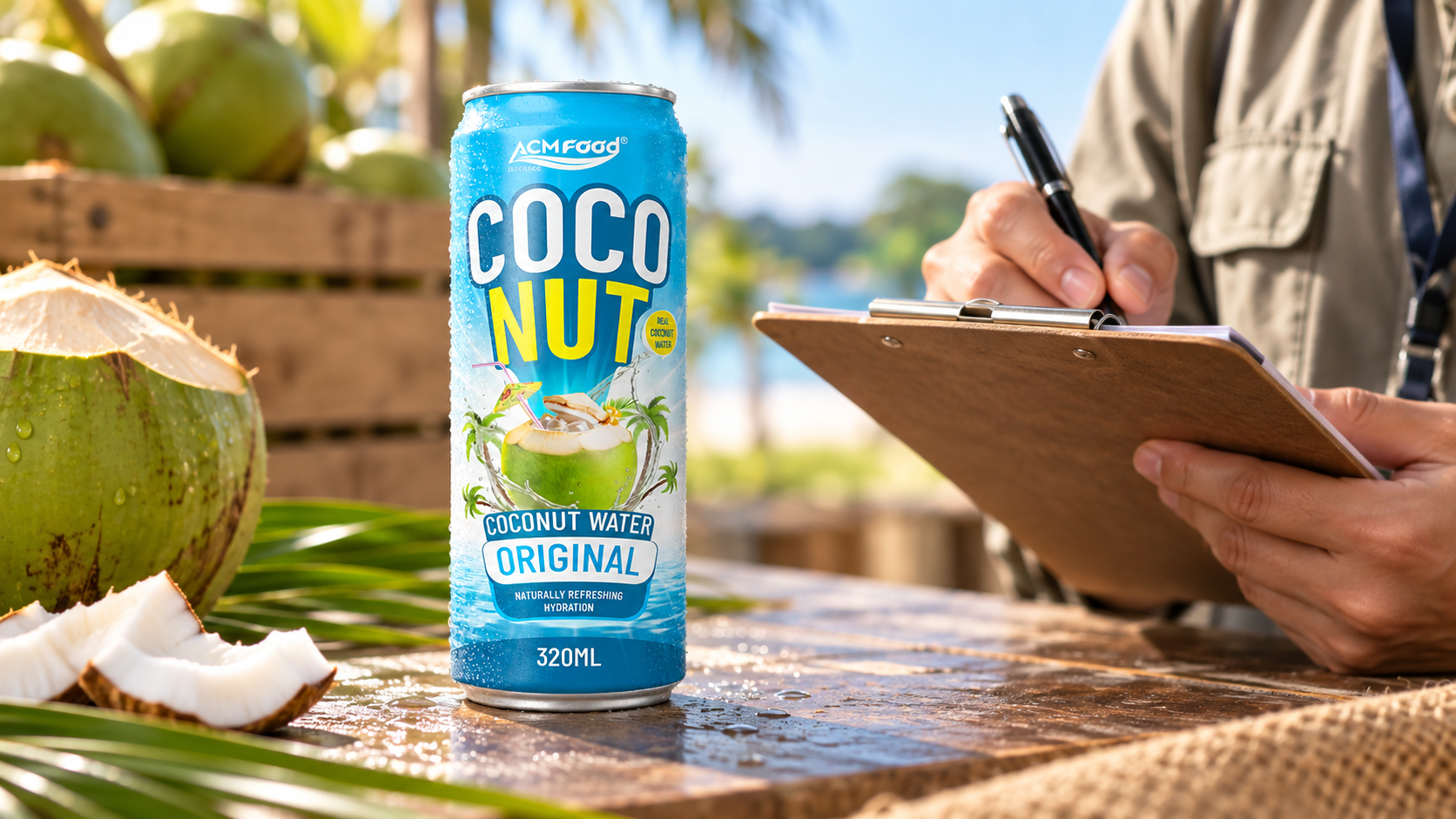 Close-up of a bottled fruit drink being inspected by hands holding a clipboard, warm natural daylight, realistic commercial product photography, shallow depth of field
