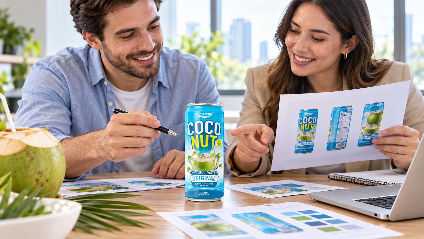 Two people at a table reviewing beverage packaging samples and printed specification documents, bright modern office, natural window light, realistic commercial photography
