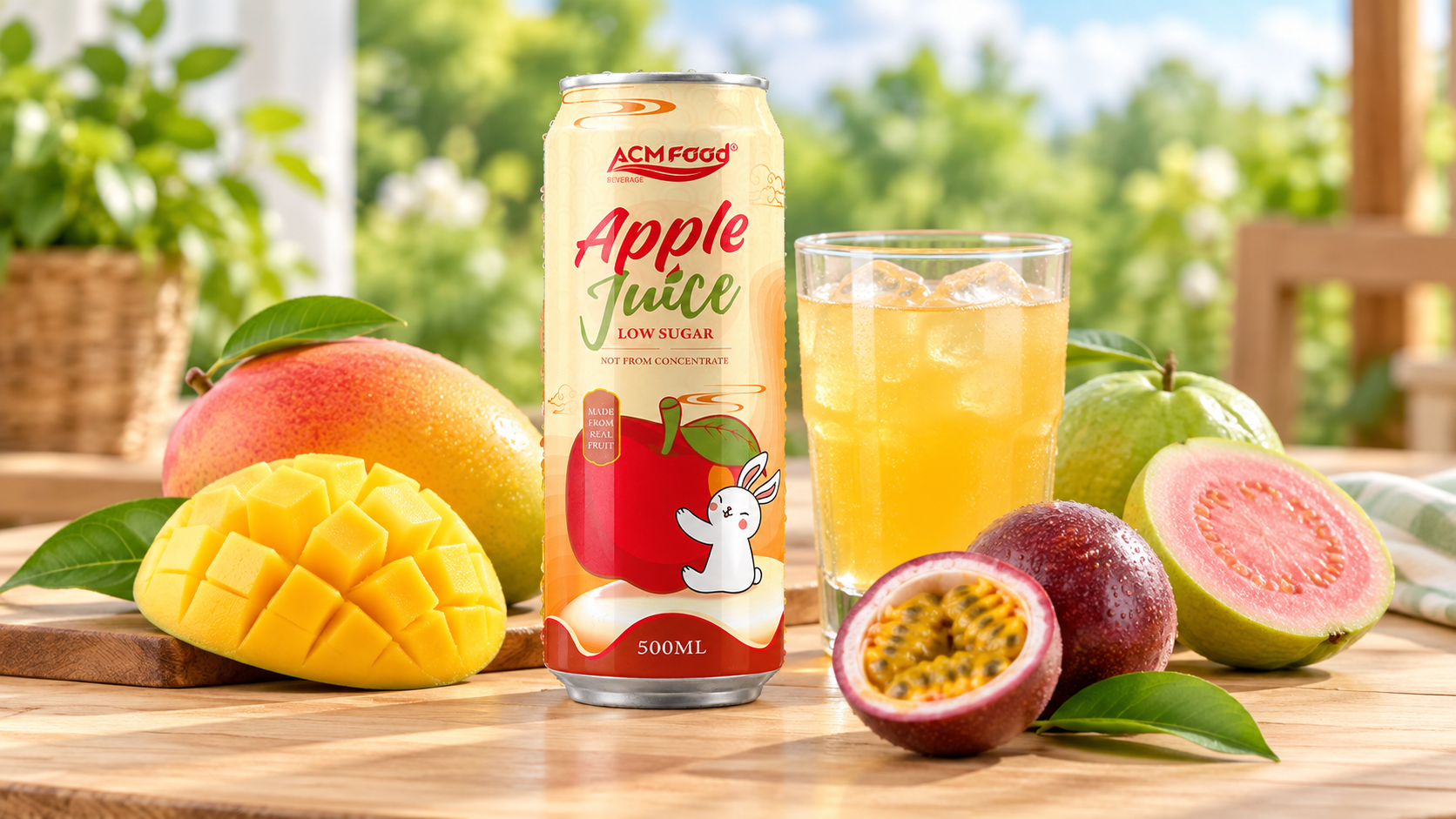 Fresh tropical fruits including mango, guava and passion fruit arranged beside a glass of juice on a light wooden surface, natural daylight, commercial food photography, landscape composition
