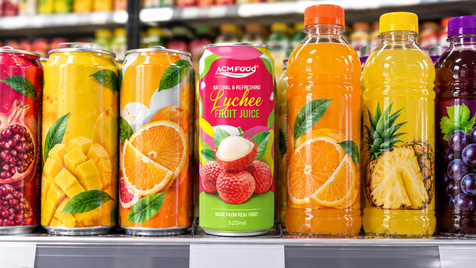 Beverage cans and PET bottles of fruit juice arranged in a row on a retail shelf, clean bright supermarket lighting, realistic commercial photography, shallow depth of field
