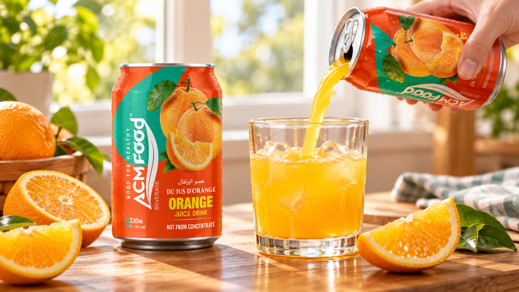 Hands pouring orange-coloured fruit juice from a can into a clear glass beside sliced fresh fruit, warm natural window light, realistic commercial beverage photography