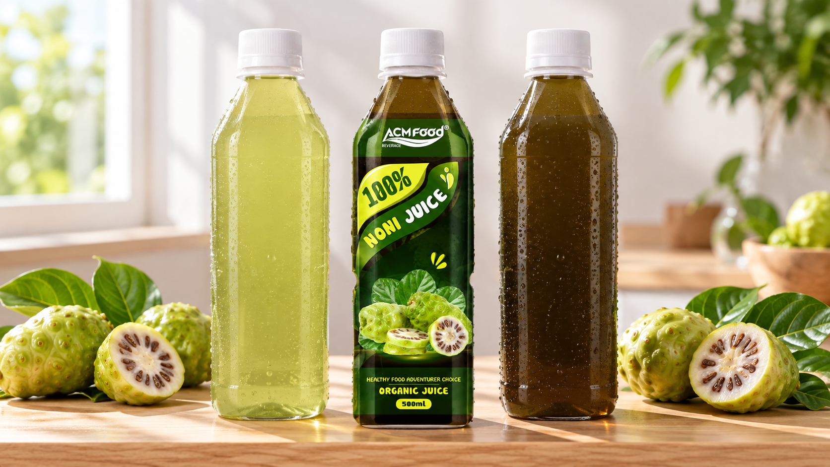 Three simple glass bottles of juice in different shades on a light wooden shelf, arranged to show light to dark colour, soft diffused window light, clean minimal styling, realistic commercial beverage photography, 16:9 landscape, no text, no logos