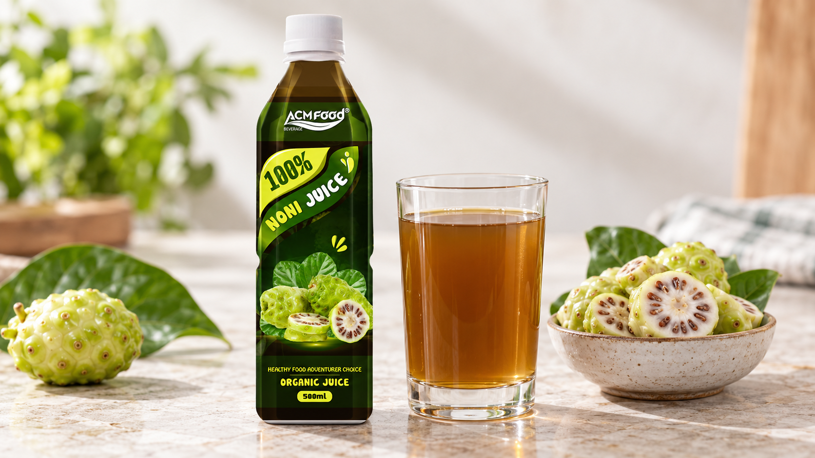 A single clear glass of dark golden juice next to a small bowl of ripe noni fruit slices on a light stone surface, soft diffused light, clean minimal styling, realistic commercial beverage photography, 16:9 landscape, no text, no logos