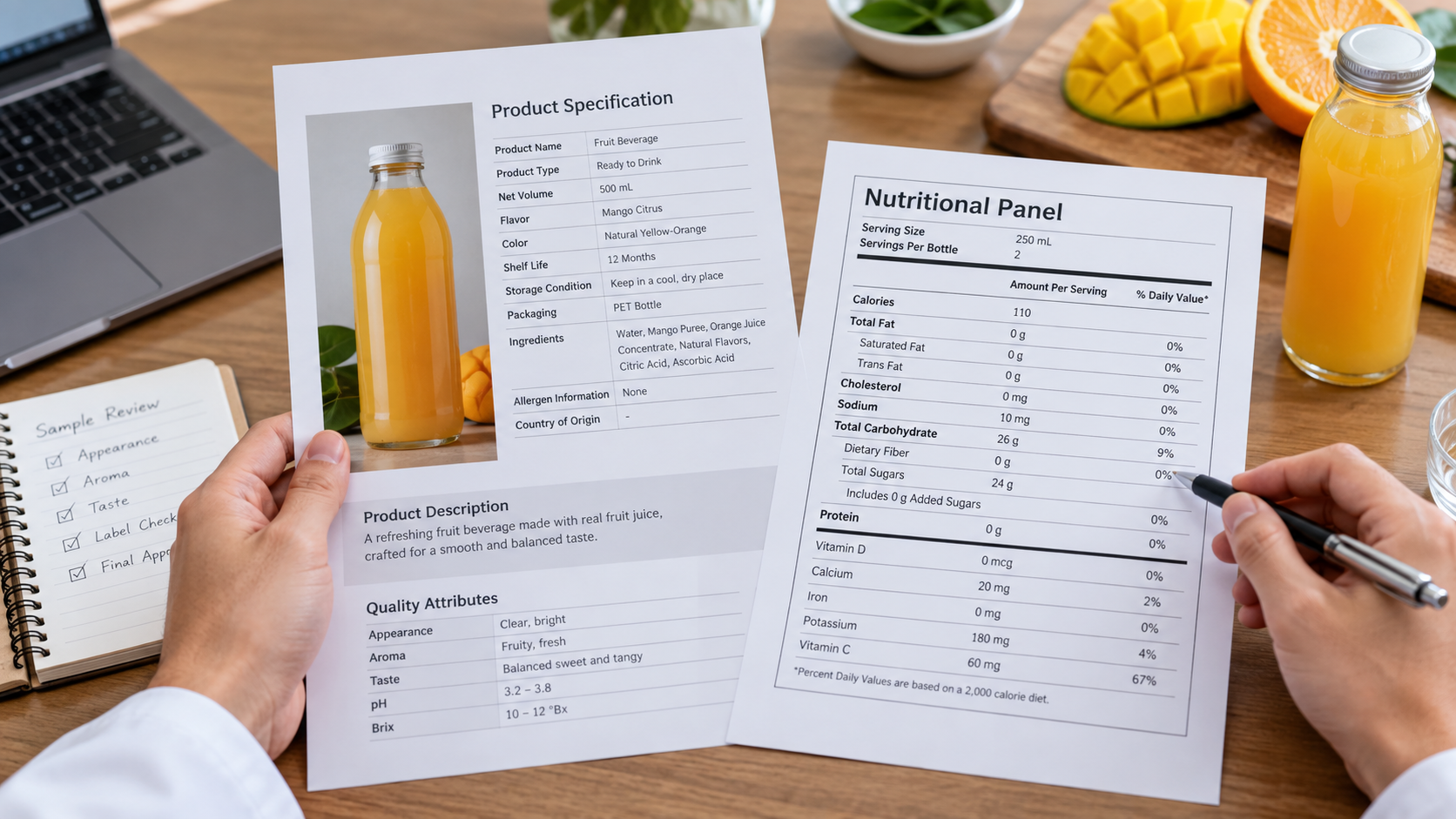 Close-up of a product specification sheet and a nutritional panel document being reviewed alongside a beverage sample, bright even lighting, realistic commercial documentation photography, landscape composition
