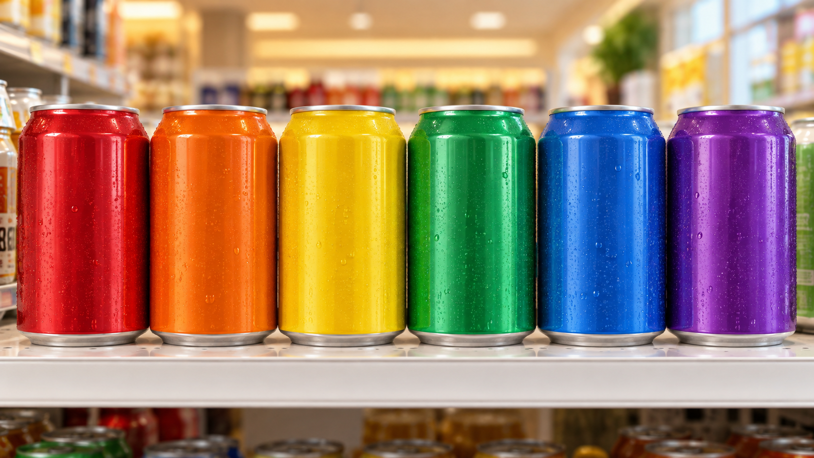 A row of finished unbranded beverage cans standing on a bright retail shelf mock-up, seen at eye level, warm even lighting, realistic commercial retail photography, landscape composition, no legible labels