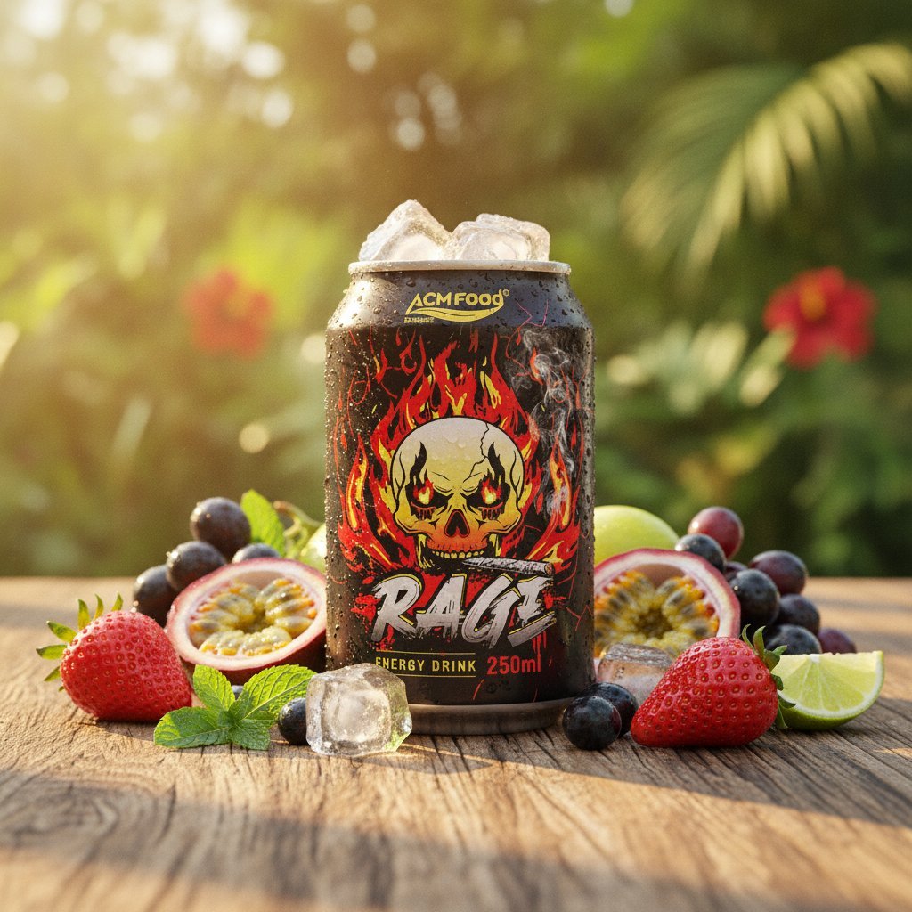 A professional product shot of Red Rage Energy Drink 250ml Short Can standing on