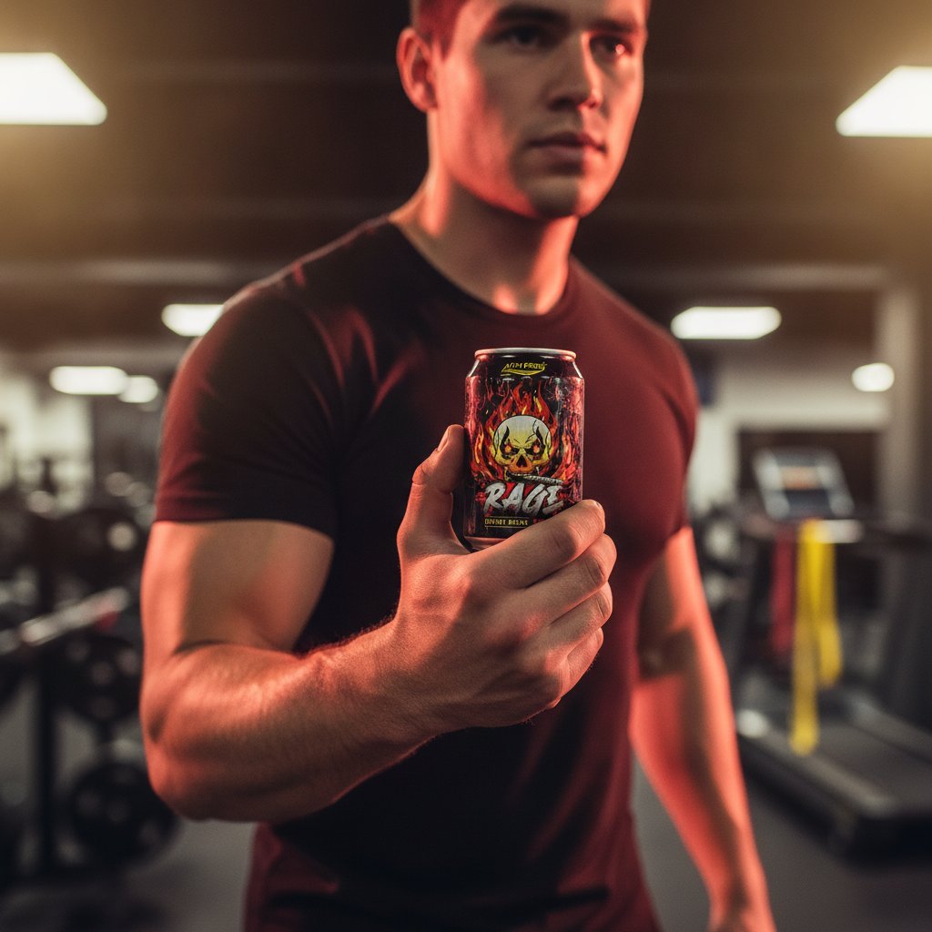 An energetic lifestyle scene: a young athlete holding a Red Rage Energy Drink 25