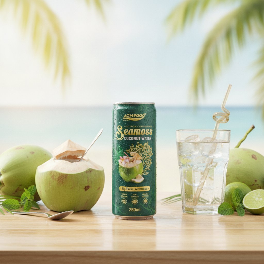 A professional product scene featuring a Seamoss Coconut Water 250ml Slim Can st