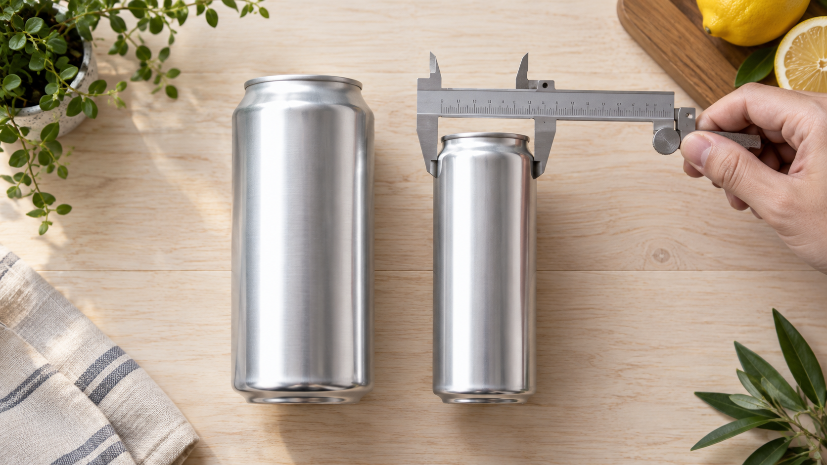 Overhead flat lay of two unbranded aluminium cans of visibly different diameters standing beside each other on a pale wooden surface, a caliper measuring the narrower can, soft natural daylight, clean commercial product photography, landscape composition, no readable text