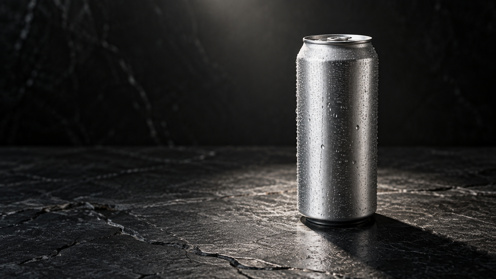 Close-up of an unbranded sleek aluminium can standing alone on a dark stone surface with a single dramatic light source from above, deep shadow falling to one side, realistic premium commercial product photography, landscape composition, generous negative space