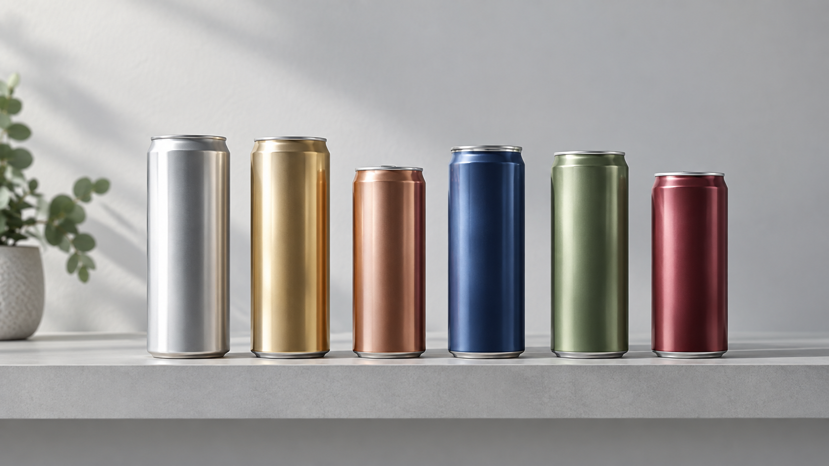 A row of finished unbranded slim and sleek aluminium cans standing together on a light grey shelf mock-up, soft studio lighting highlighting the difference in silhouette, realistic commercial product photography, landscape composition, generous negative space