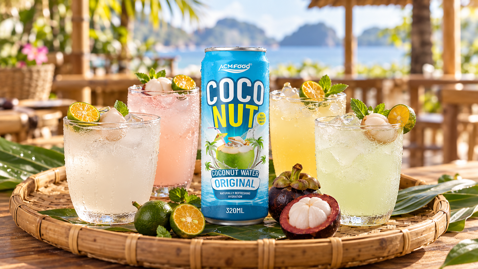 Four glasses of chilled coconut water drinks in slightly different pale colours on a bamboo tray at an outdoor Southeast Asian cafe, garnished with calamansi halves and mangosteen segments, warm afternoon light, realistic commercial beverage photography, 16:9 landscape, no text