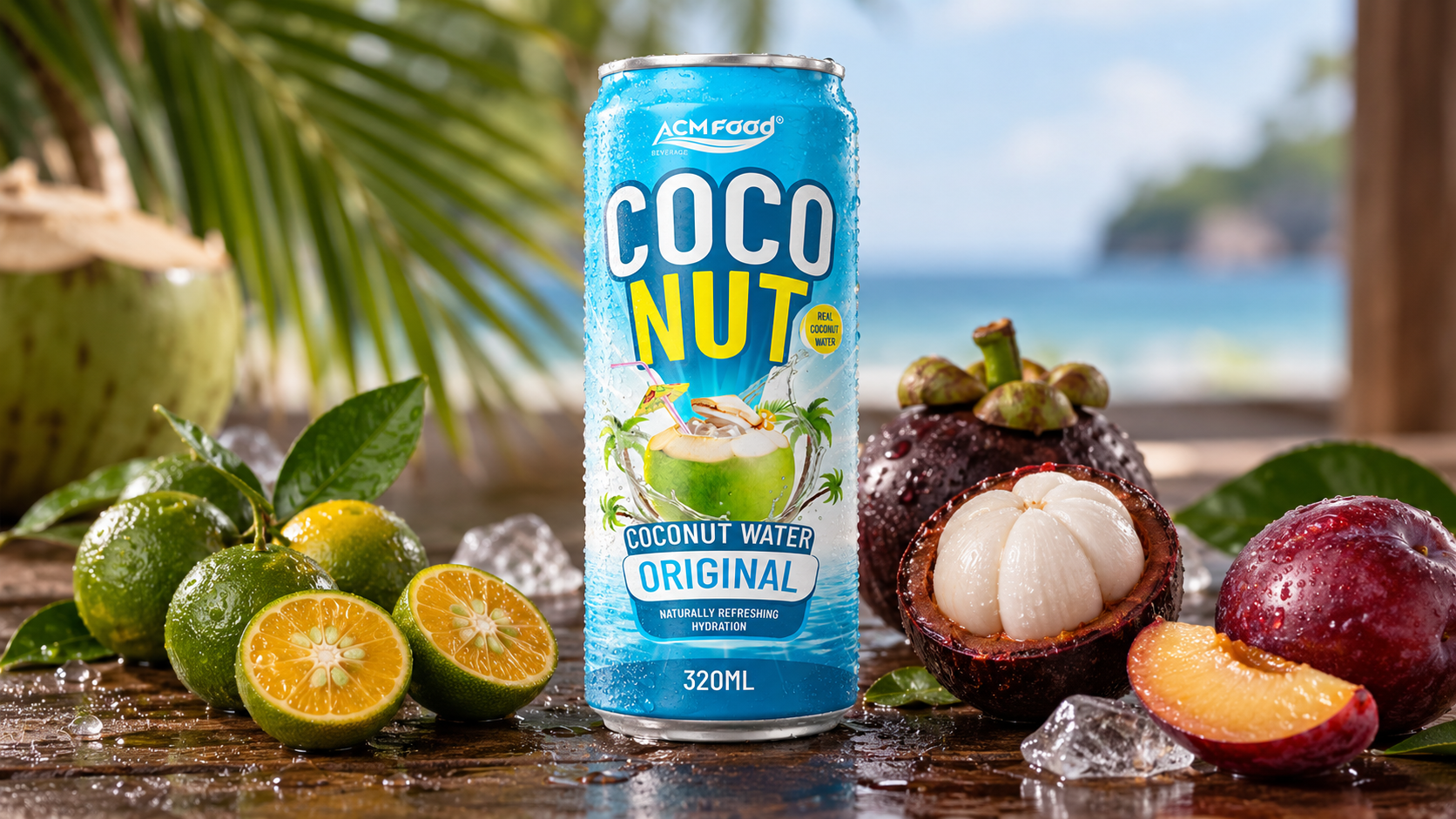 Close-up of a slim aluminium can of coconut water with condensation on a dark wooden table, surrounded by halved calamansi, an opened mangosteen and a plum, soft directional light, realistic commercial product photography, 16:9 landscape, no text, no logos