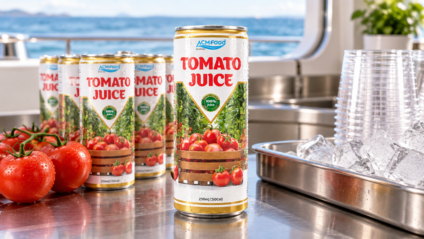 A stack of small aluminium beverage cans in neutral colours on a stainless steel galley counter beside a tray of clear plastic cups and ice, bright even lighting, realistic commercial photography, 16:9 landscape, no text, no logos