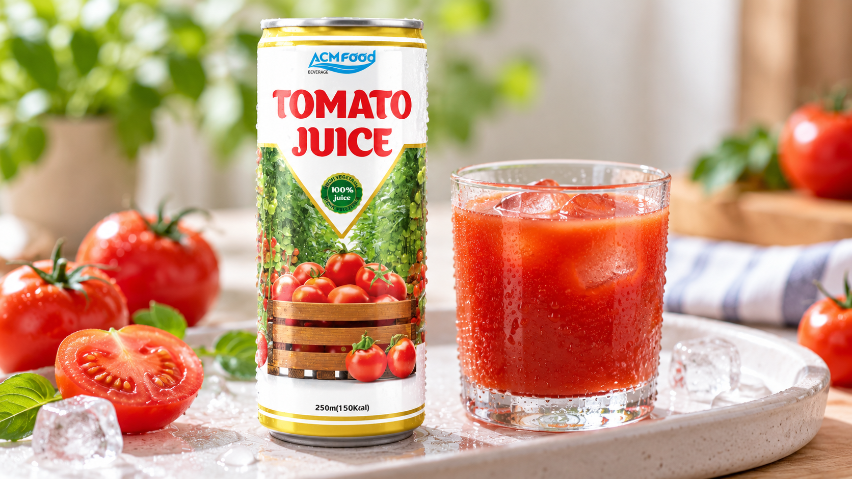 Close-up of a chilled aluminium can and a small glass of red tomato juice with ice on a light tray, soft diffused light, clean minimal styling, realistic commercial beverage photography, 16:9 landscape, no text, no logos