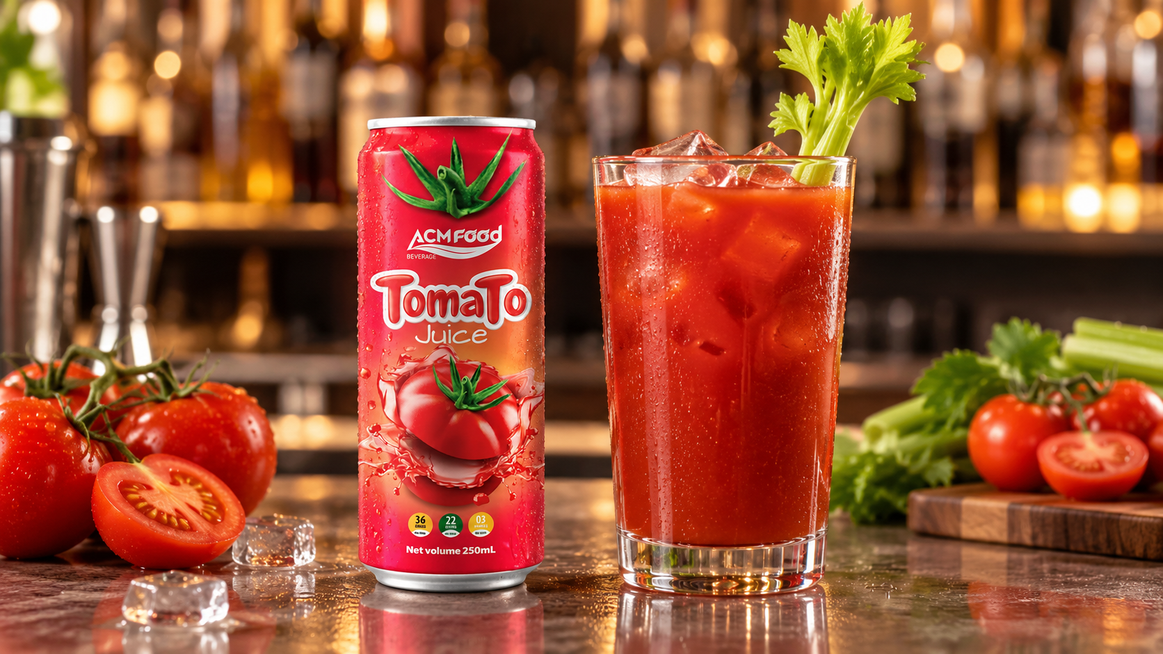 Tomato juice base for a Bloody Mary with ice and a celery stalk on a bar counter