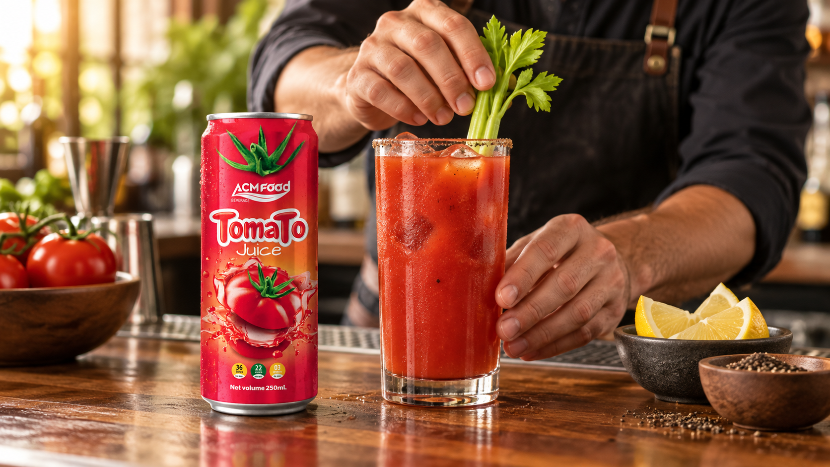 Bartender garnishing a glass of tomato juice with celery beside lemon and pepper