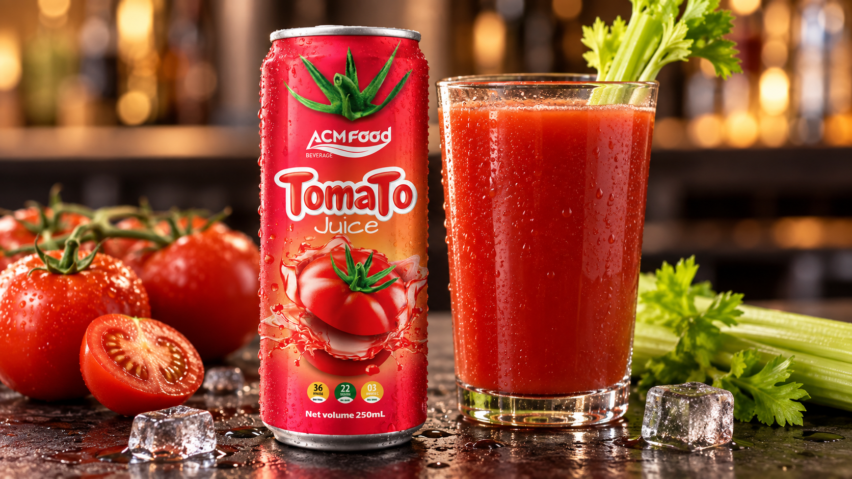 Chilled aluminium can of tomato juice beside a glass of tomato juice on a bar top